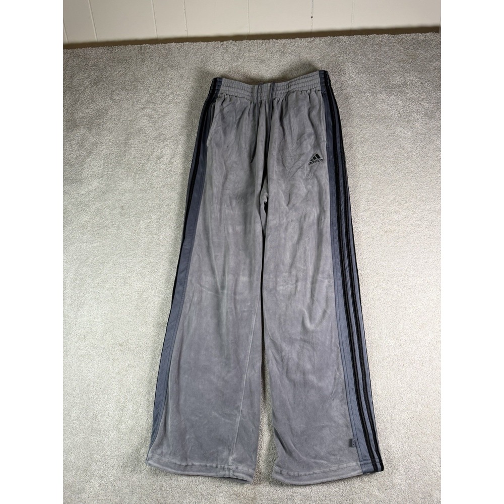 Vintage Adidas Velour Track Pants Mens Medium Gray Y2K 3 Stripe Wide Leg